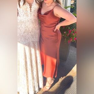 Satin rust petal and pup dress